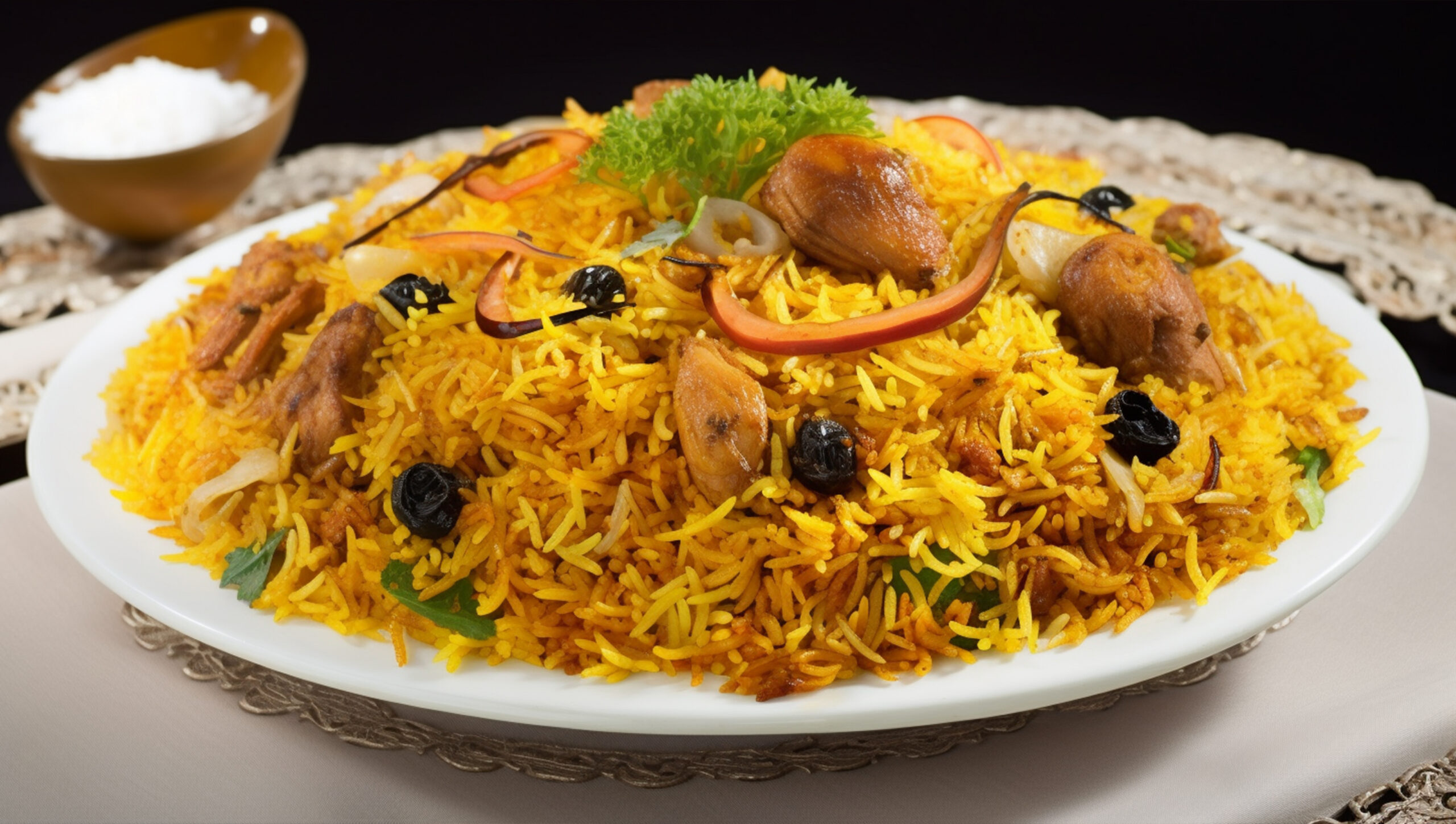 plate biryani with bunch food it